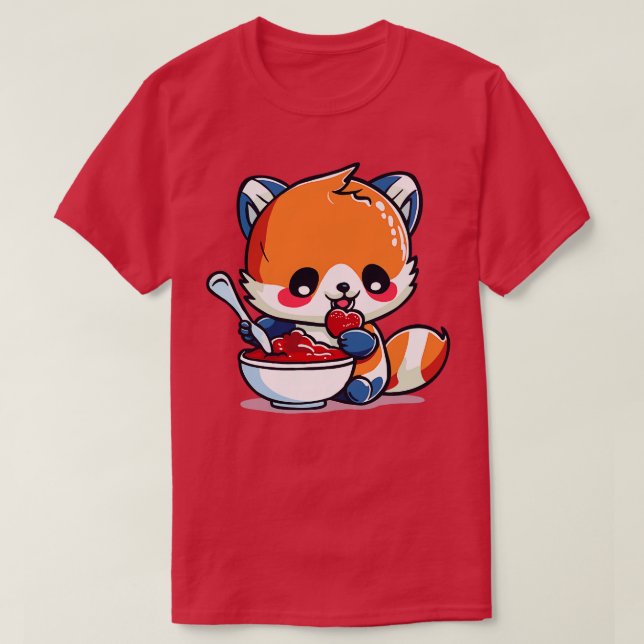 Roter Panda isst eine Schüssel Erdbeeren Pudding T-Shirt (Design vorne)