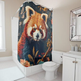 Roter Panda-Muster Vintage-Wald Blumen Garten Duschvorhang