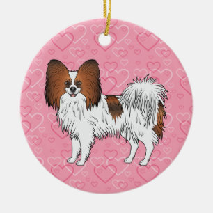 Roter Papillon-Hund auf rosa Herz-Gedenkstätte Keramik Ornament