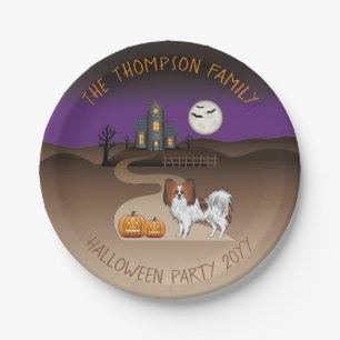 Roter Papillon Hund und Halloween Spuk Haus Pappteller
