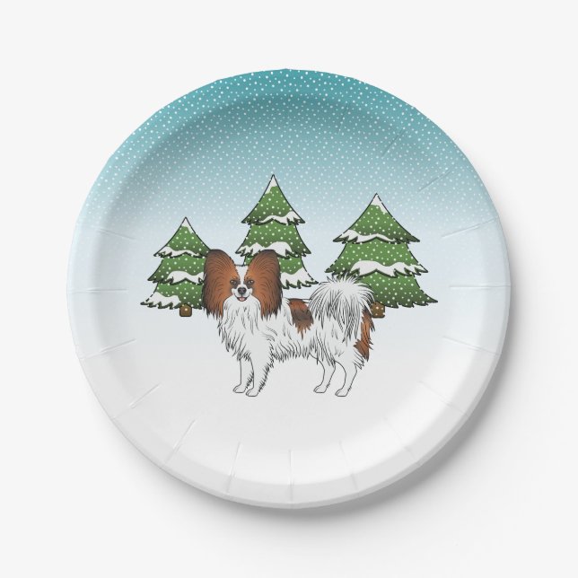 Roter Papillon Niedlicher Hund im Winterwald Pappteller (Vorderseite)