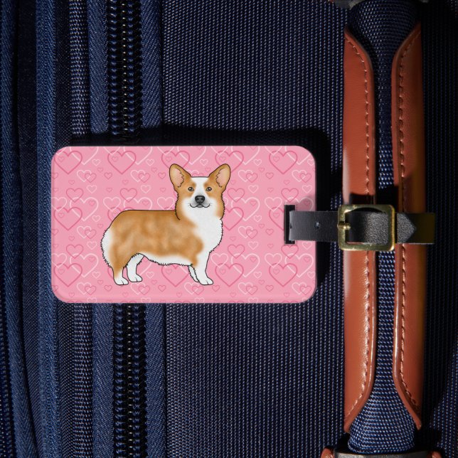 Roter Pembroke Walisischer Corgi auf rosa Herzen m Gepäckanhänger (Vorderseite Insitu 4)