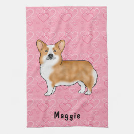Roter Pembroke walisischer Corgi auf rosa Herzen m Geschirrtuch