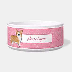 Roter Pembroke Welsh Corgi auf rosa Herzen mit Nam Napf