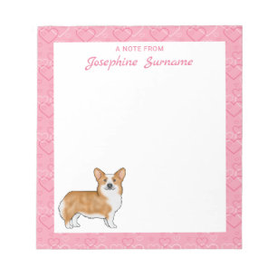 Roter Pembroke Welsh Corgi auf rosa Herzen mit Tex Notizblock