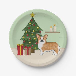 Roter Pembroke Welsh Corgi Hund und Weihnachtsbaum Pappteller