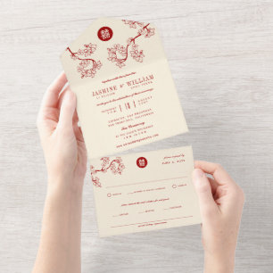 Roter Pfirsich/Pflaumenblüten Chinesisch Doppelglü All In One Einladung