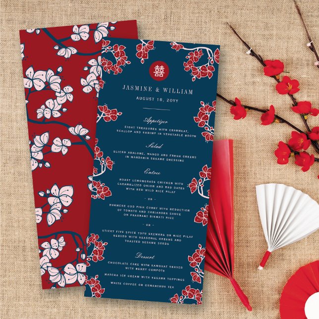 Roter Pfirsich/Pflaumenblüten Doppelglückliche Hoc Menükarte (Red Peach/Plum Blossoms Double Happiness Floral Chinese Wedding Menu Card @ fatfatin_red_knot)