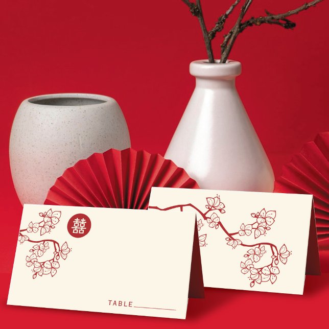 Roter Pfirsich/Pflaumenblüten Doppelglückliche Hoc Platzkarte (Red Peach/Plum Blossoms Round Double Happiness Chinese Wedding Place Card @ fatfatin_red_knot)