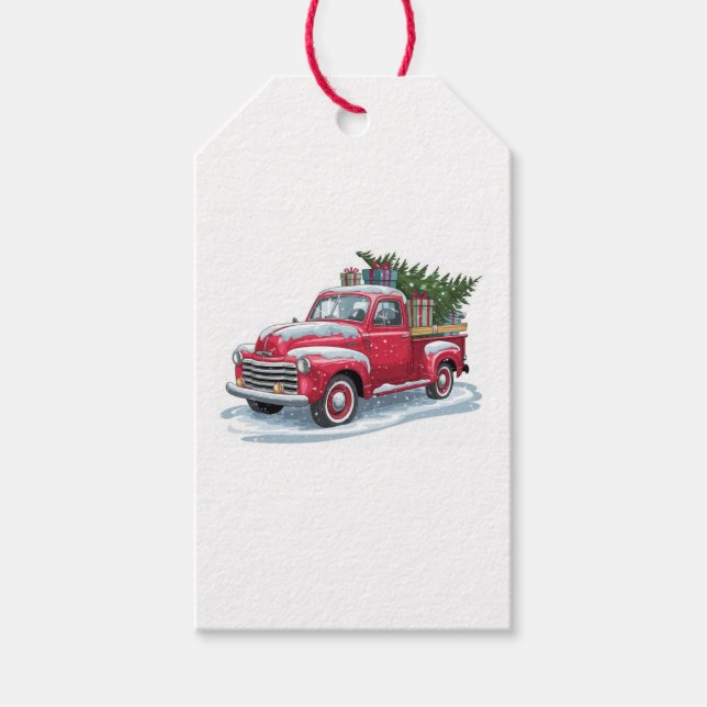 Roter Pick-up und Weihnachtsbaum Geschenkanhänger (Vorderseite)