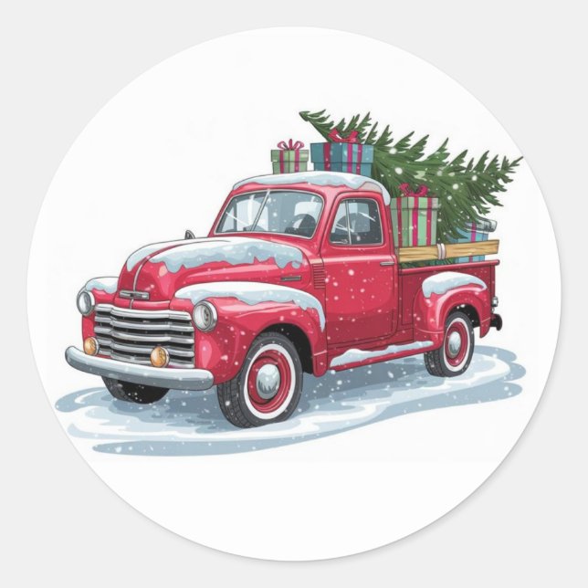 Roter Pick-up und Weihnachtsbaum Runder Aufkleber (Vorderseite)