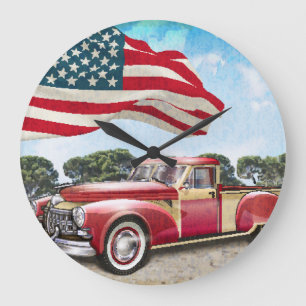 Roter Pickup-Truck: Amerikanische Flagge Vintage Große Wanduhr