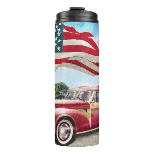 Roter Pickup-Truck: Amerikanische Flagge Vintage Thermosbecher