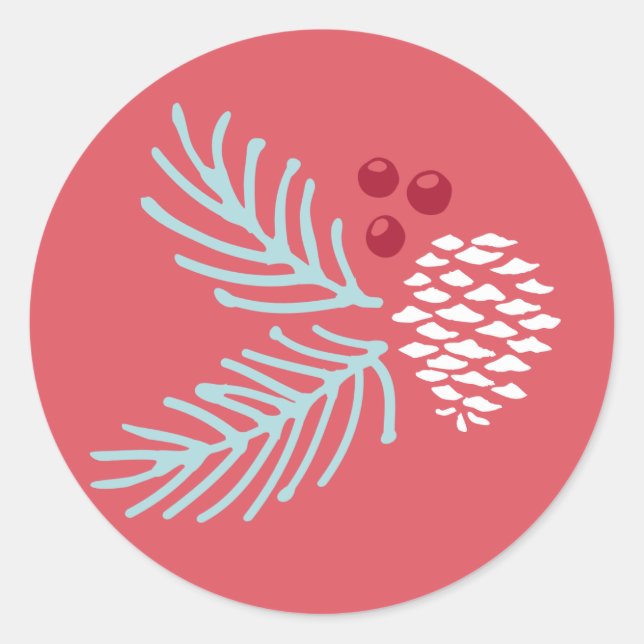 Roter Pine und Berry Classic Round Holiday Sticker (Vorderseite)