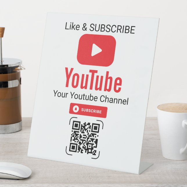 Roter Play-Button YouTube Abonnieren QR-Code Weiß Sockelschild (In Situ)