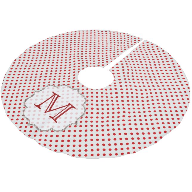 Roter Polka Dot Print Monogram Urspinnhemd Polyester Weihnachtsbaumdecke (Schrägansicht)
