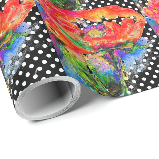 Roter Poppy schwarz-weiße Polka-Punkte Geschenkpapier (Rolleneckpunkt)