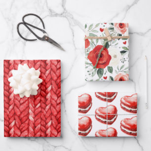 Roter Pullover Florales Herz Makronen Geburtstag Geschenkpapier Set