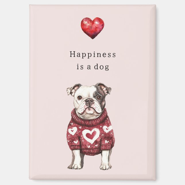 Roter Pullover Weiße Herzen Glück ist ein Hund Magnet (Vorderseite)