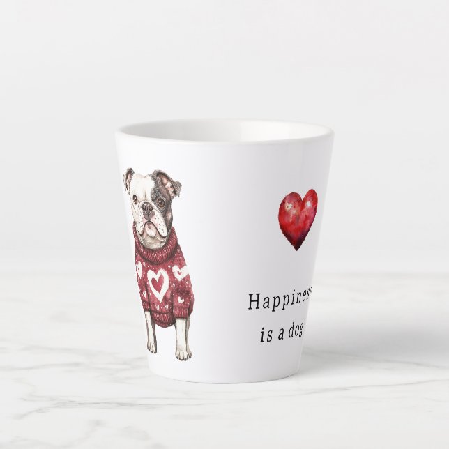 Roter Pullover Weiße Herzen Glück ist ein Hund Milchtasse (Vorderseite)