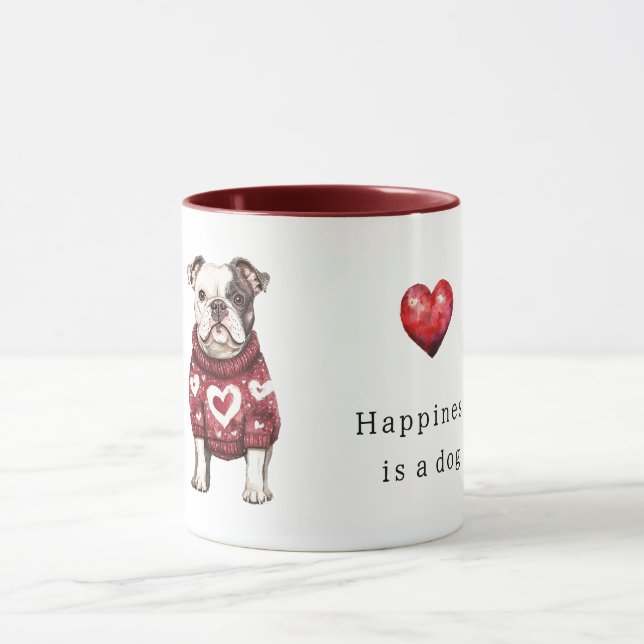 Roter Pullover Weiße Herzen Glück ist ein Hund Tasse (Zentrum)