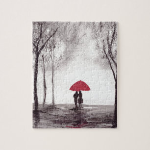Roter Regenschirm Liebespaar Wasserfarbe Schwarz Puzzle