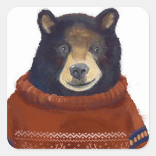 Roter Ren-Strickjacke-Bär Quadratischer Aufkleber