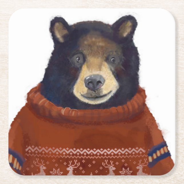 Roter Ren-Strickjacke-Bär Rechteckiger Pappuntersetzer (Vorderseite)