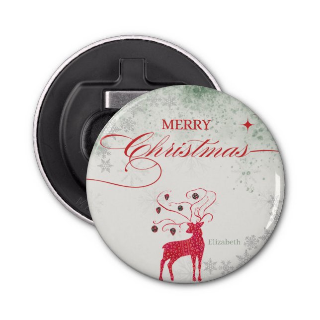 Roter Rentier Silver Snowflakes Grüne Weihnachten Flaschenöffner (Vorderseite)