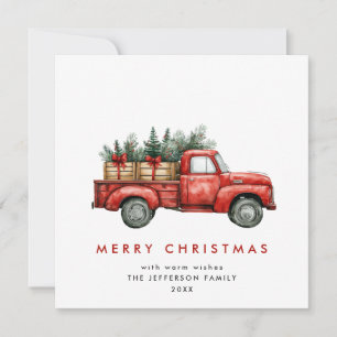 Roter Retro-Landwirtschaftslaster-Weihnachtsbaum-G Feiertagskarte