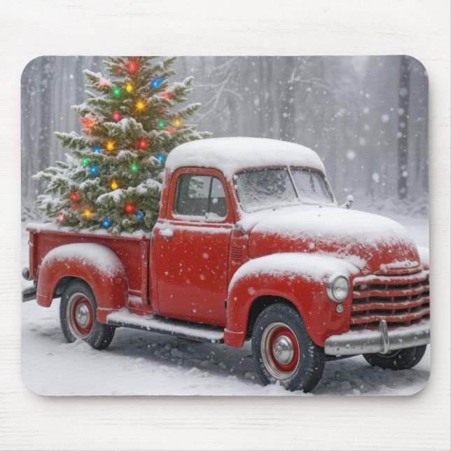 Roter Retro-Lieferwagen mit Weihnachtsbaum Mousepad (Vorne)