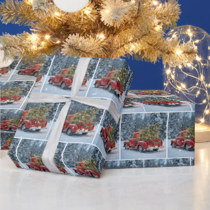 Roter Retro-LKW mit Weihnachtsbaum in Schneeflocke Geschenkpapier