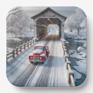 Roter Retro-LKW und überdachte Brücke zu Weihnacht Pappteller