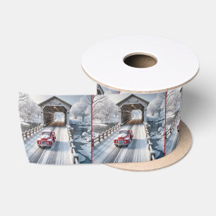 Roter Retro-LKW und überdachte Brücke zu Weihnacht Satinband