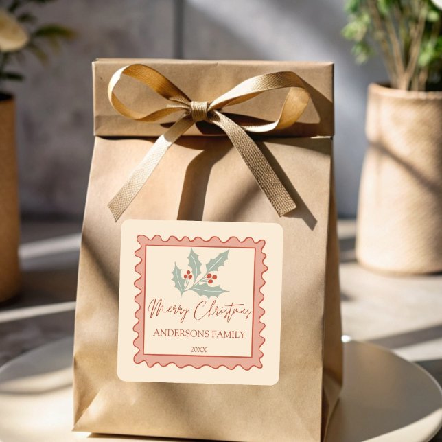 Roter Retro Post Briefmarke Rahmen frohe Weihnacht Quadratischer Aufkleber (Red retro post stamp frame merry Christmas personalized Stickers)