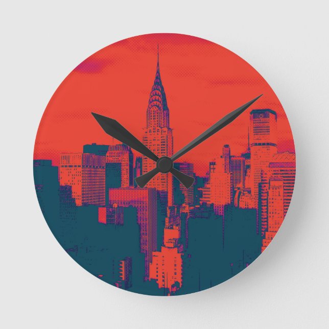 Roter Retro-Stil Pop Art New York City Runde Wanduhr (Vorderseite)