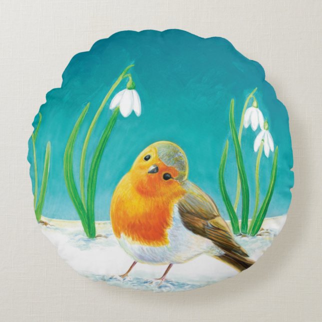Roter Robin (Erithacus rubecula) Frühling Rundes Kissen (Vorderseite)