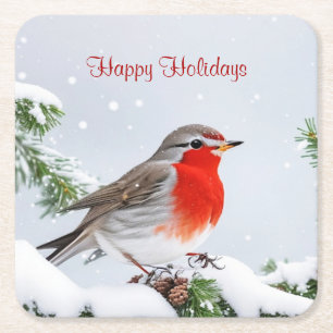 Roter Robin-Feiertags-Weihnachts-Papier-Getränkeun Rechteckiger Pappuntersetzer