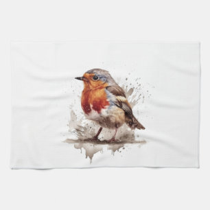 Roter Robin in roter und brauner Aquarellmalerei Geschirrtuch