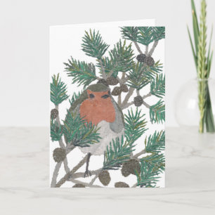 Roter Robin, Pine Tree, Vogelkunst, Urlaub Feiertagskarte