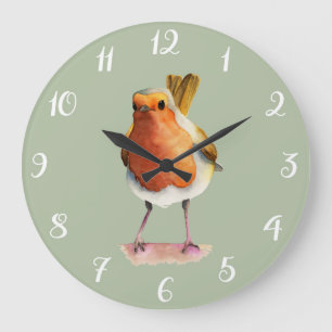 Roter Robin-Vogelniedliche Watercolor-Kunst Große Wanduhr