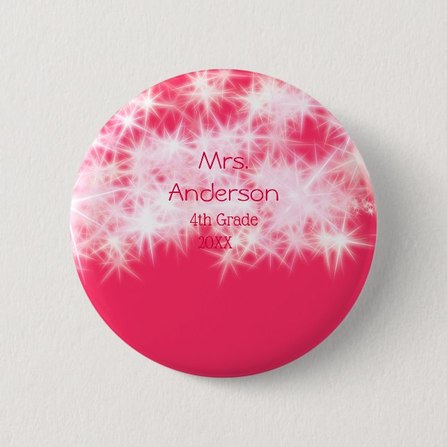 Roter rosa Glitzer funkelt zurück zur Schullehreri Button (Vorderseite)