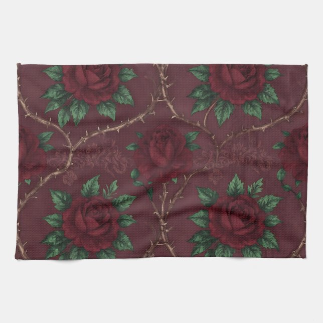 Roter Rosen-Dorn-Kranzmuster Geschirrtuch (Horizontal)