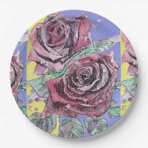 Roter Rosenblumenmuster Lila Papierpartyplatte Pappteller