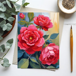 Roter Rosenbusch | Aquarell-Blumenmalerei Postkarte