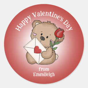 Roter Rosenherz Frohen Valentinstag Süßer Bär Runder Aufkleber