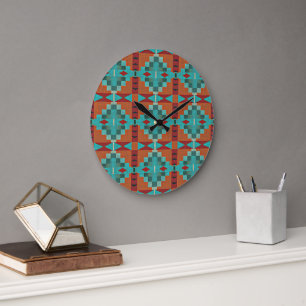 Roter Rost Orange Türkis Teal Blau Stammeskunst Große Wanduhr