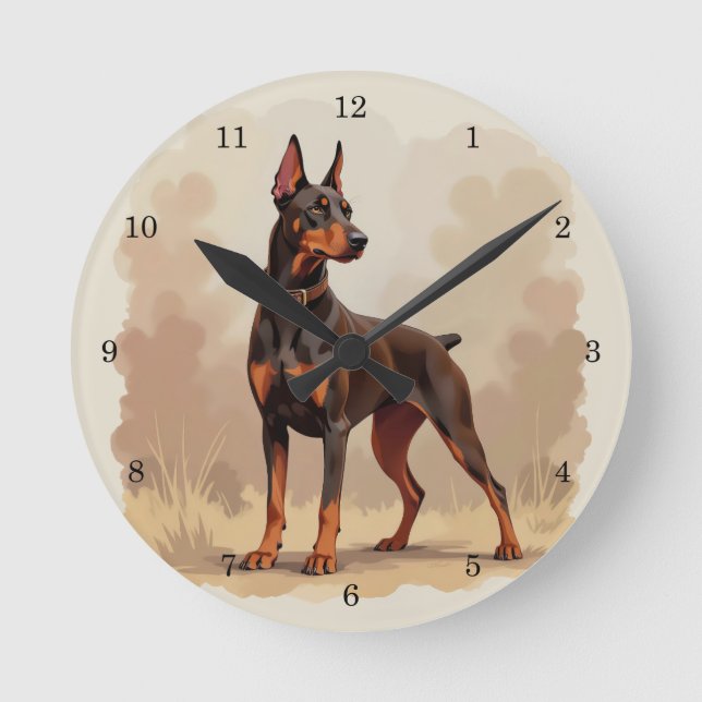 Roter Rostbrauner Dobermann Pinscher Hund Runde Wanduhr (Vorderseite)