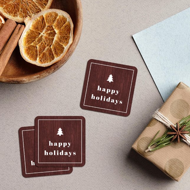 Roter Rustikaler Baum Holzoptik Weihnachtssticker Quadratischer Aufkleber (Von Creator hochgeladen)