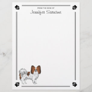 Roter Sable-Papillon-Cartoon-Hund mit Pfoten und T Briefbogen